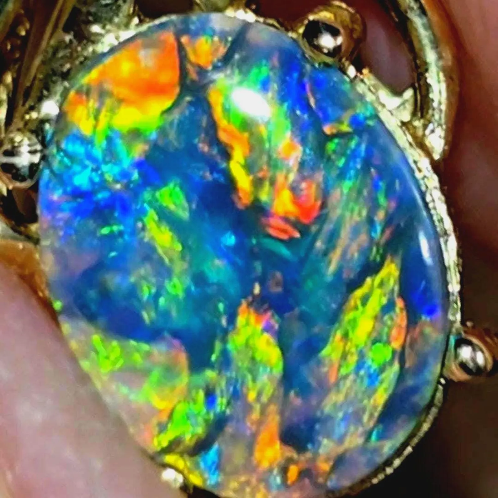 Picasso Palette- Solid 14k Gold Natural Black Australian Opal Pendant