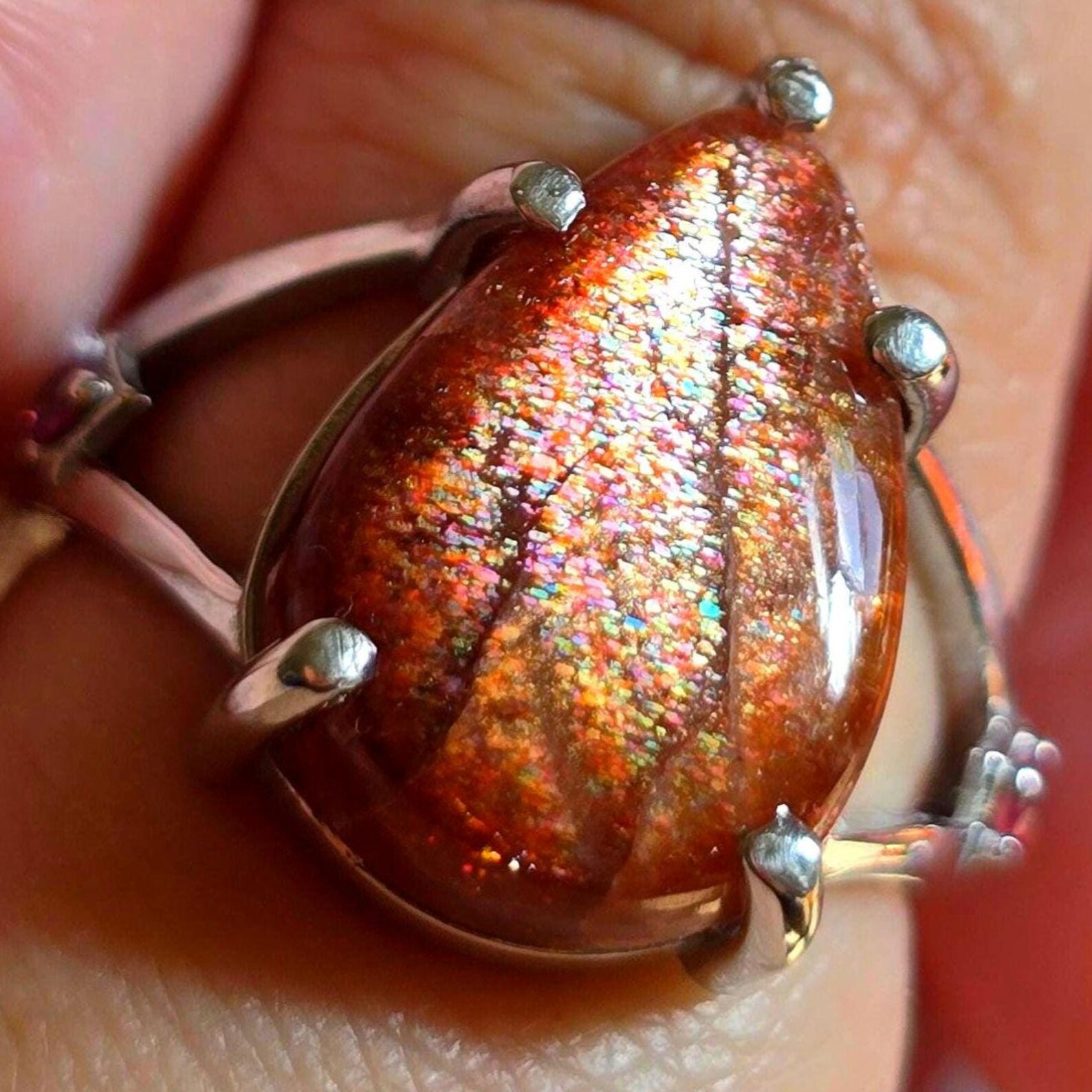 Glittery Fall - Confetti  Sunstone Rainbow lattice 925 Sterling silver ring size 9 