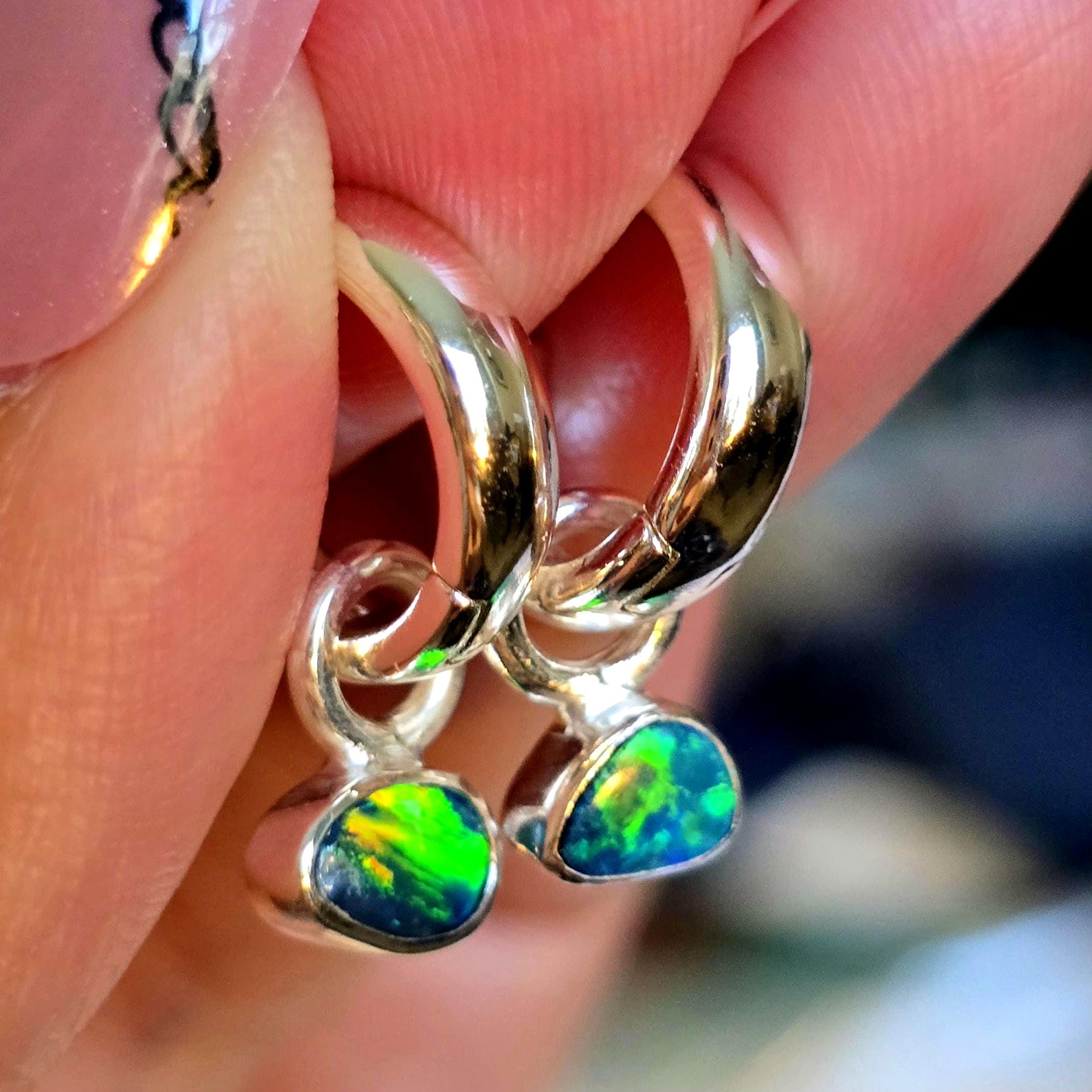 Natural Australian Opal Hoops 925 sterling silver 4