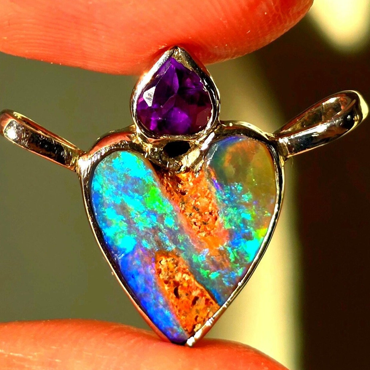 Natural Australian Opal Heart Necklace Silver 925, Purple Tourmaline, Genuine Blue Pipe Boulder Opal Pendant